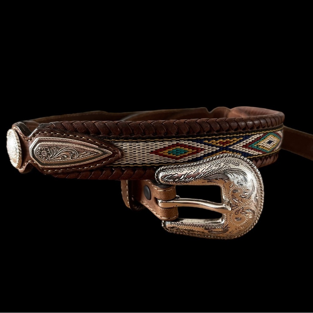 Vintage Justin Aztec Pattern top grain cowhide braided concho belt 742BD size 28